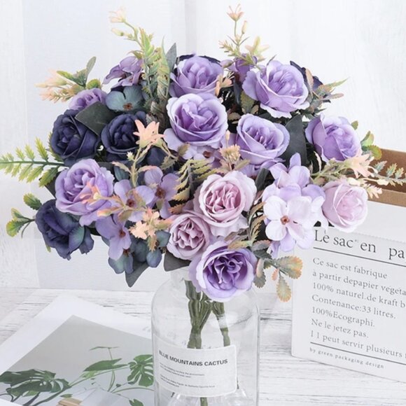 Artificial Dark Deep Purple Flower Arrangment Decoration Rose Bouquet DIY Home - Picture 4 of 4